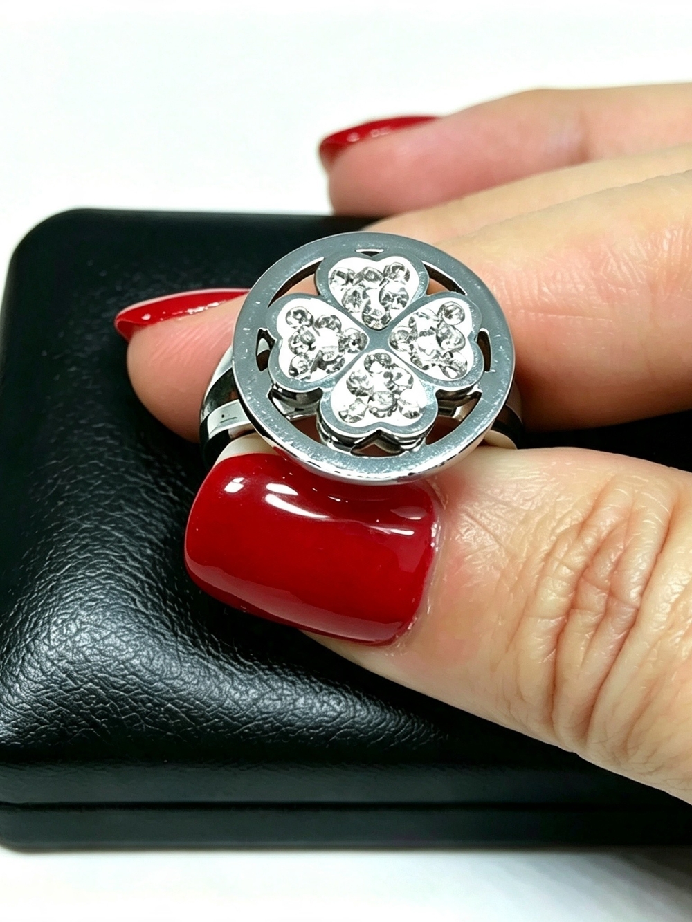 Silver Stainles Steel  Crystal Four-Leaf Clover Ring - White Crystals